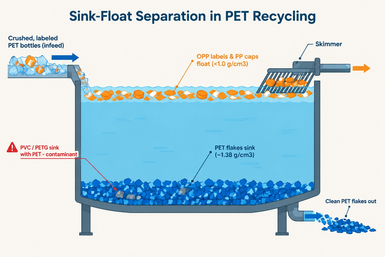 Sink-float separation in PET bottle recycling: crushed labeled bottles enter the tank, OPP labels and PP caps (under 1.0 g/cm3) float and are skimmed off, while PET flakes (about 1.38 g/cm3) sink to the bottom for collection; PVC and PETG sink with the PET and become contaminants